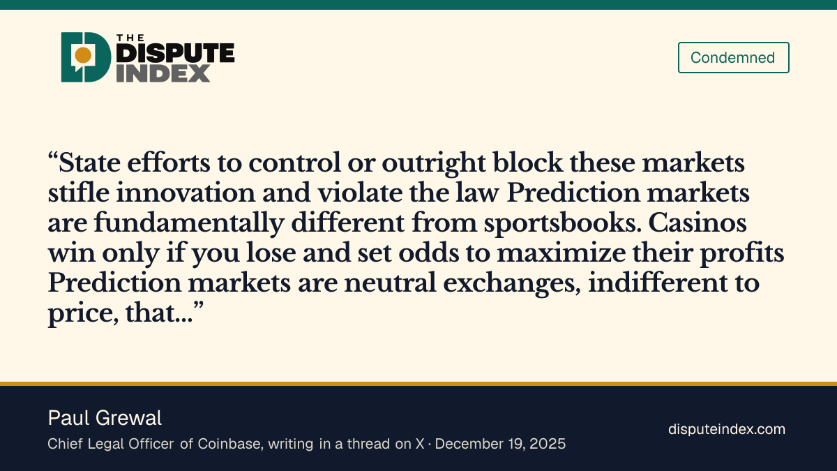 Quote card: Paul Grewal, Coinbase's Paul Grewal challenges state authority over prediction markets as Coinbase sues Connecticut
