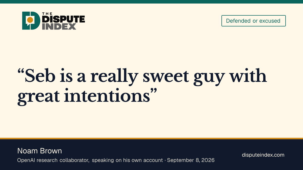 Quote card: Noam Brown, Noam Brown defends Sébastien Bubeck's intentions in OpenAI credit dispute