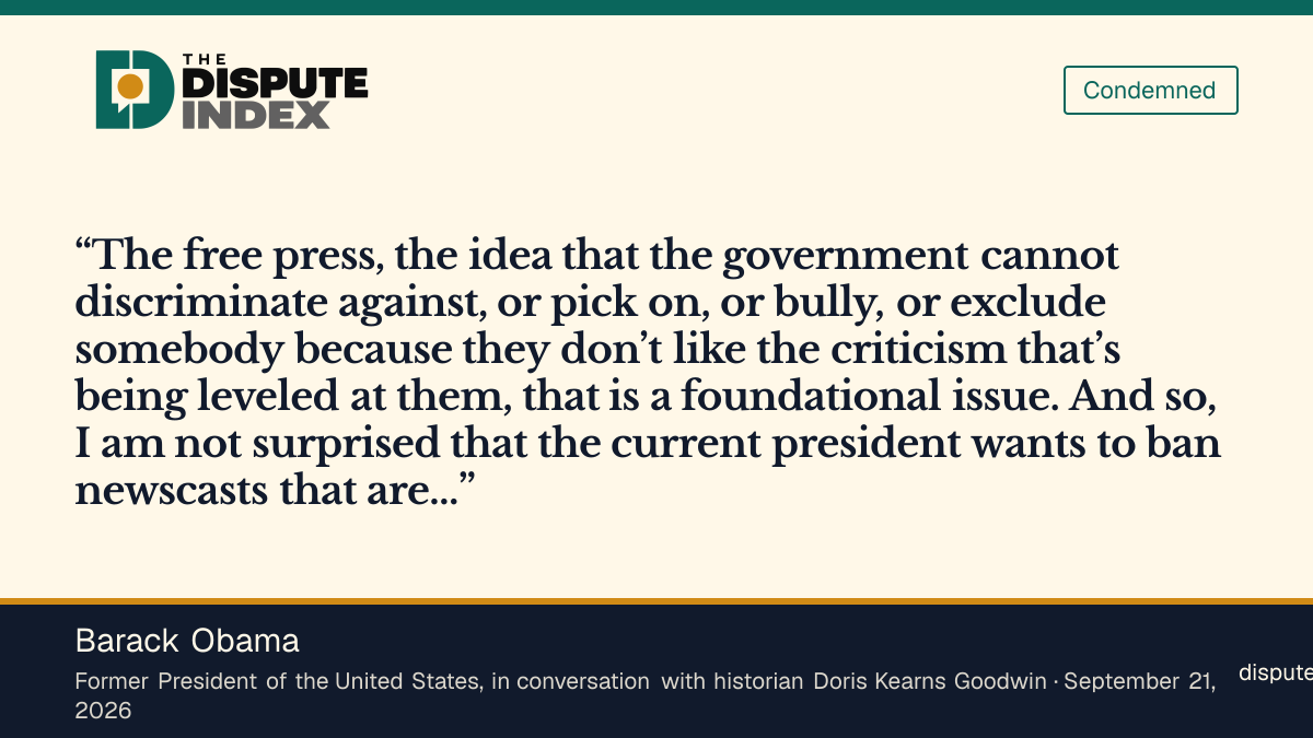 Quote card: Barack Obama, Obama says he is not surprised by Trump's press ban and calls press freedom "foundational"