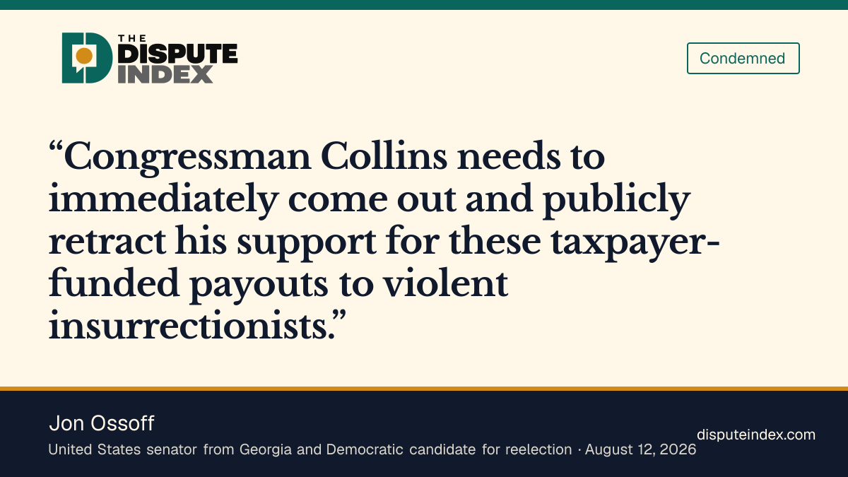 Quote card: Jon Ossoff, Jon Ossoff calls on Mike Collins to retract January 6 payout support