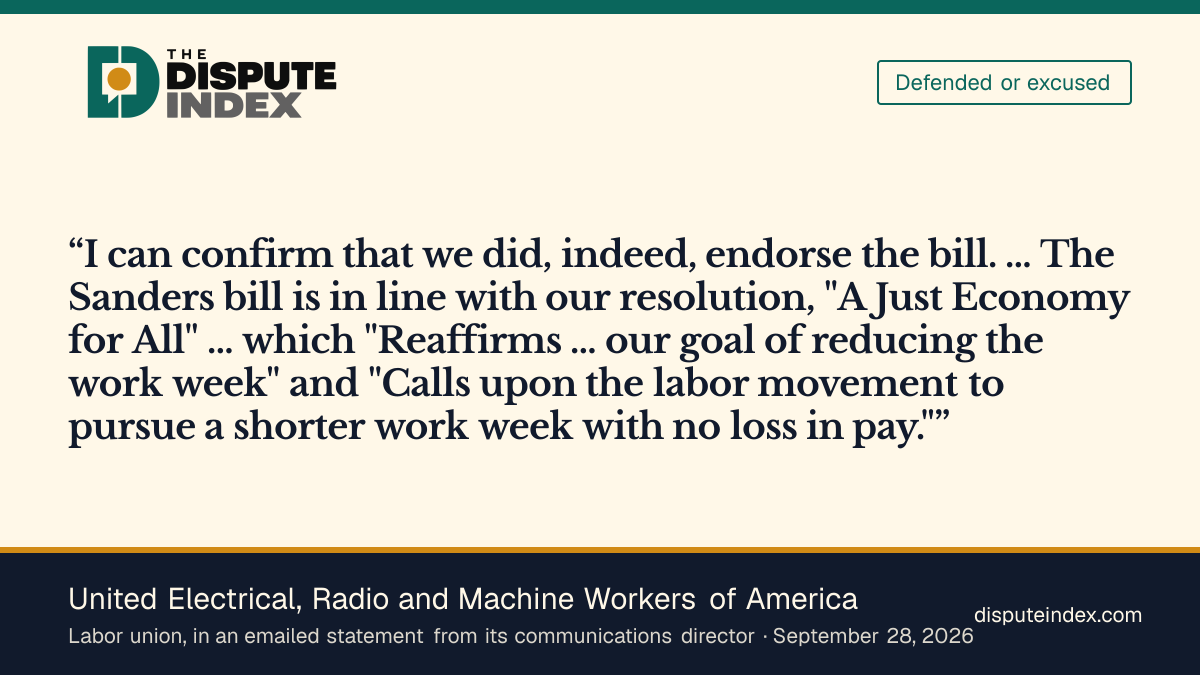 Quote card: United Electrical, Radio and Machine Workers of America, UE confirms it endorses the 32-hour workweek bill