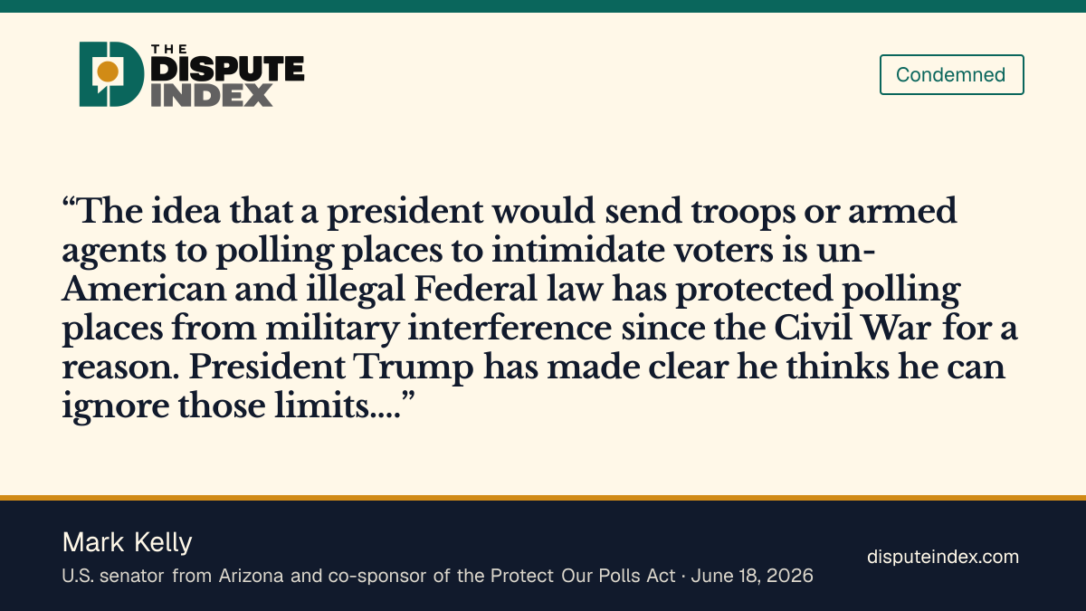 Quote card: Mark Kelly, Sen. Kelly on sending troops or armed agents to polling places, as the Protect Our Polls Act is introduced