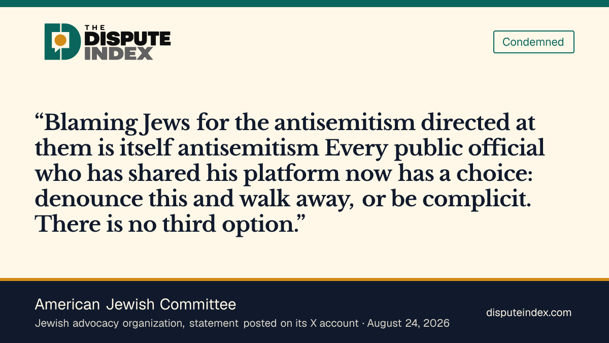 Quote card: American Jewish Committee, AJC condemns Piker's remarks and says officials who shared his platform face a choice