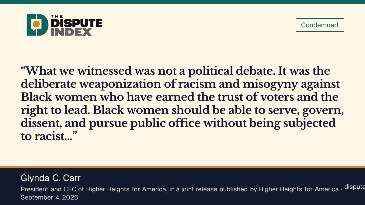 Quote card: Glynda C. Carr, Higher Heights leader Glynda Carr condemns racist and misogynistic attacks on Black women lawmakers