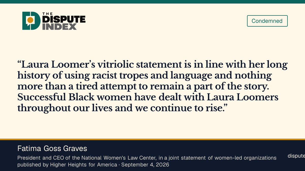 Quote card: Fatima Goss Graves, National Women's Law Center's Fatima Goss Graves says Loomer's statement fits her long history of racist tropes and language