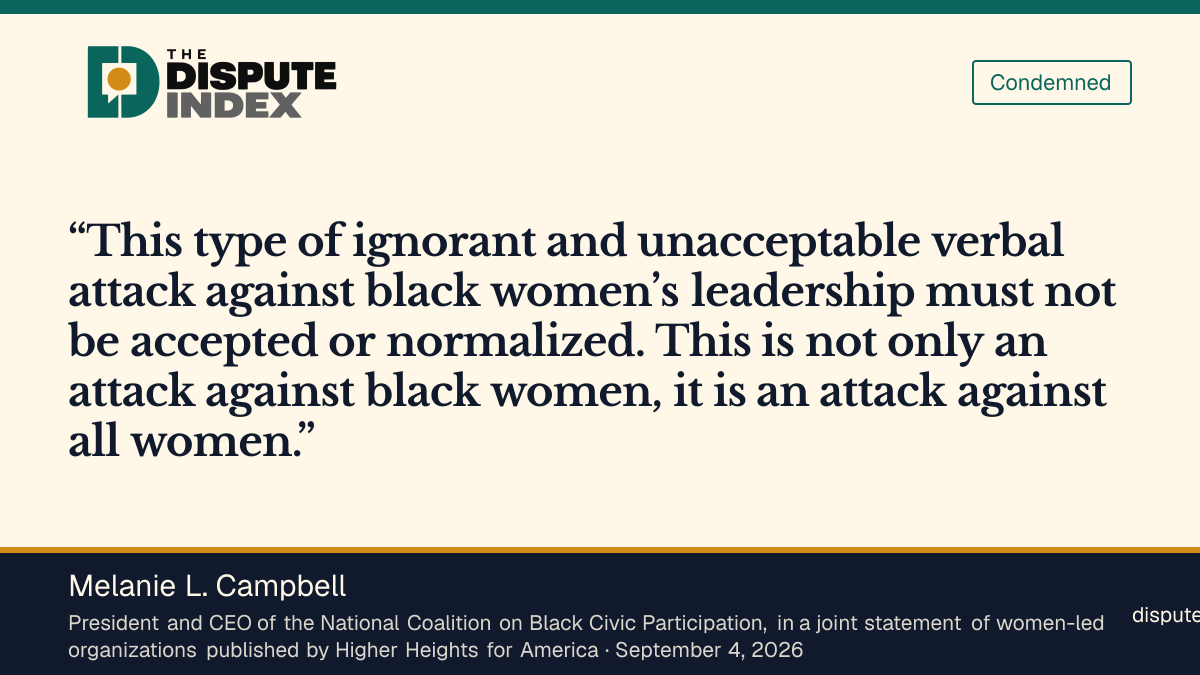 Quote card: Melanie L. Campbell, Melanie Campbell of the National Coalition on Black Civic Participation says the attacks must not be normalized