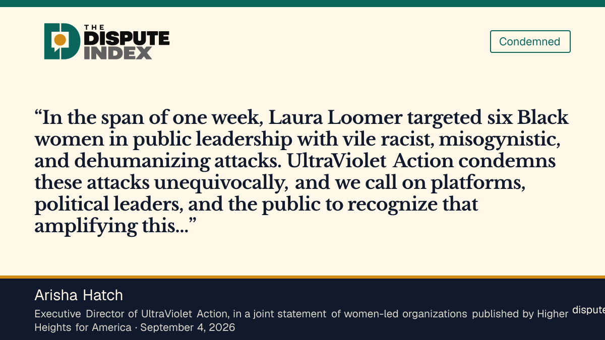 Quote card: Arisha Hatch, UltraViolet Action's Arisha Hatch says Loomer targeted six Black women with dehumanizing attacks