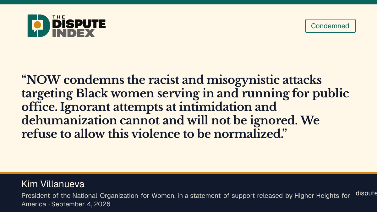 Quote card: Kim Villanueva, National Organization for Women president Kim Villanueva says NOW condemns "racist and misogynistic attacks" on Black women in politics