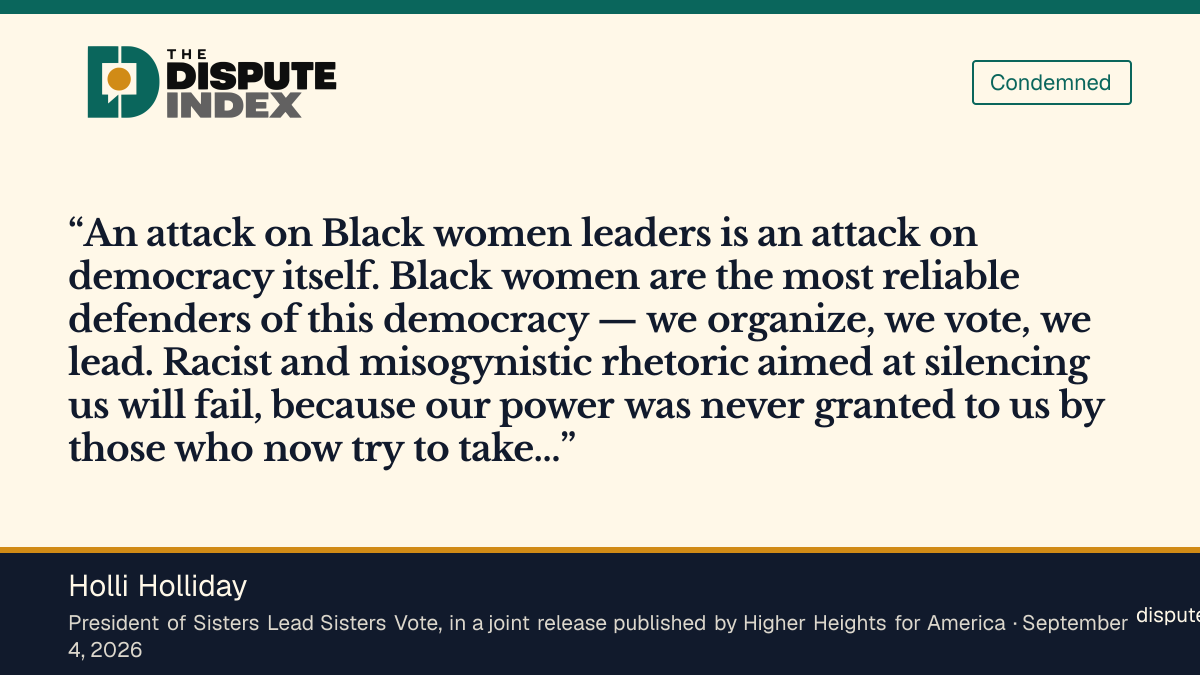 Quote card: Holli Holliday, Sisters Lead Sisters Vote president Holli Holliday says attacks on Black women leaders are attacks on democracy