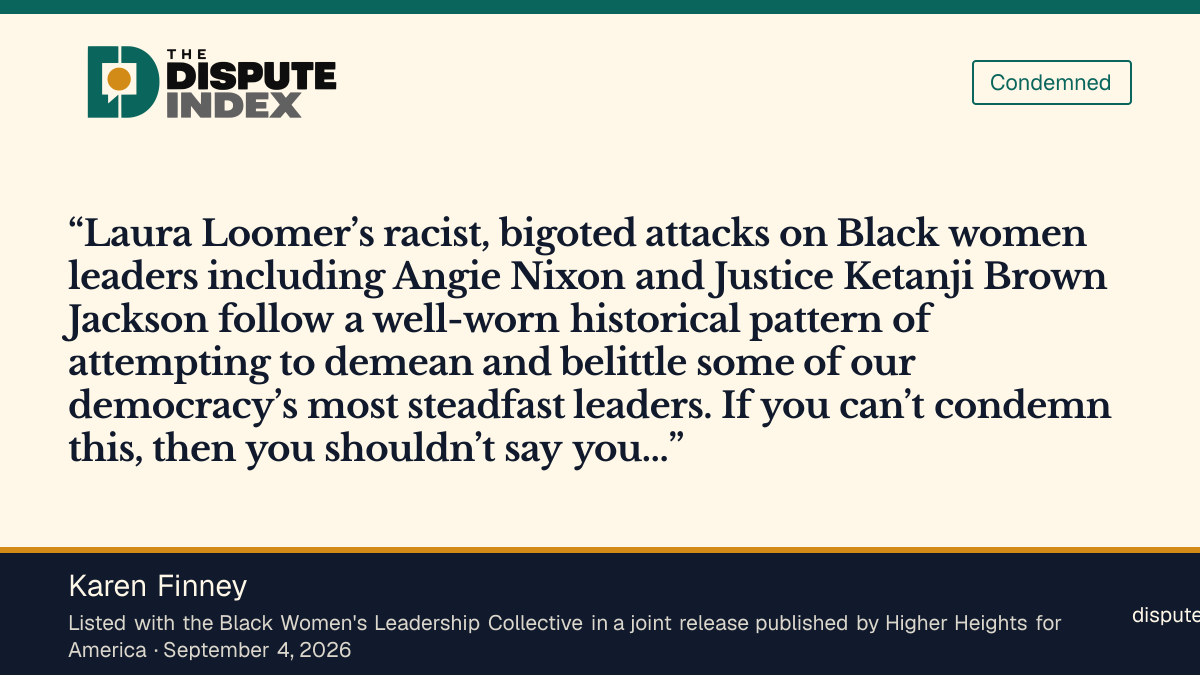 Quote card: Karen Finney, Karen Finney of the Black Women's Leadership Collective says Loomer's attacks follow a historical pattern