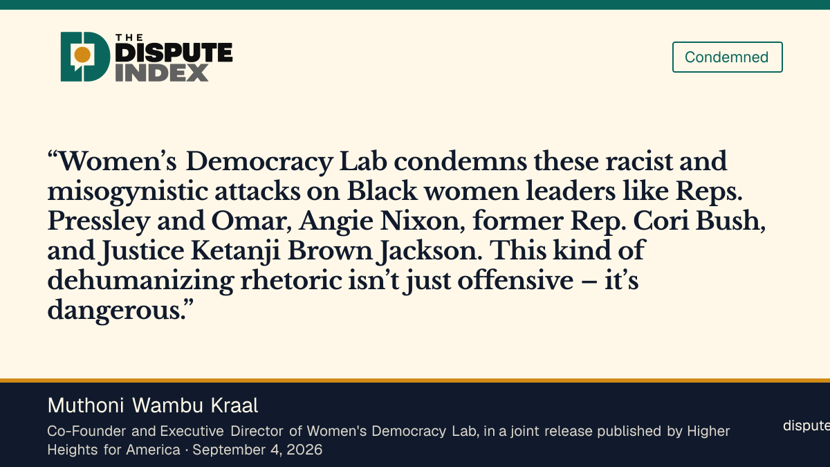 Quote card: Muthoni Wambu Kraal, Women's Democracy Lab's Muthoni Wambu Kraal condemns the attacks on Black women leaders as dangerous