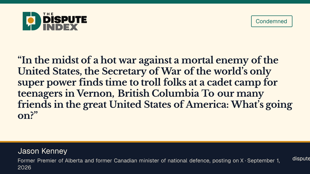 Quote card: Jason Kenney, Jason Kenney asks what is going on after Hegseth's post about a B.C. cadet camp