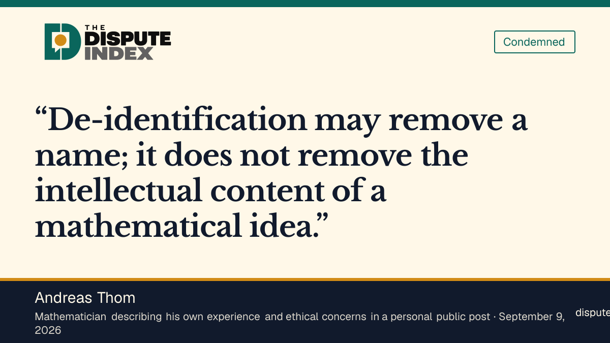 Quote card: Andreas Thom, Andreas Thom challenges OpenAI's claim that de-identification resolves it