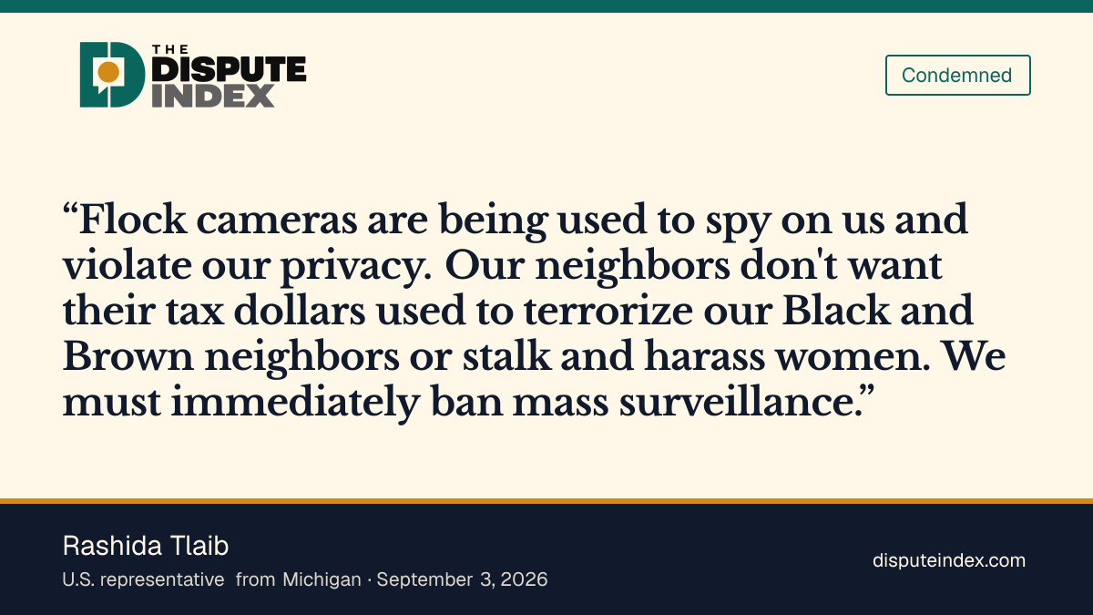 Quote card: Rashida Tlaib, Tlaib calls for an immediate ban on mass surveillance
