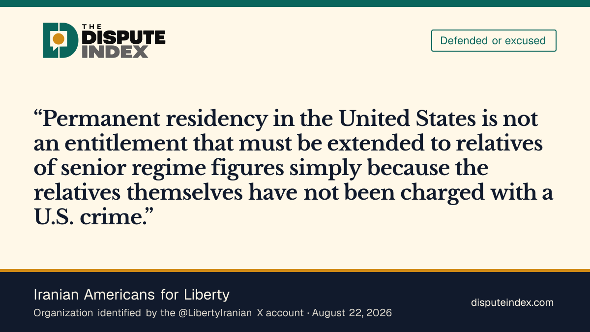 Quote card: Iranian Americans for Liberty, Iranian Americans for Liberty says residency shouldn't shield Hashemi's family