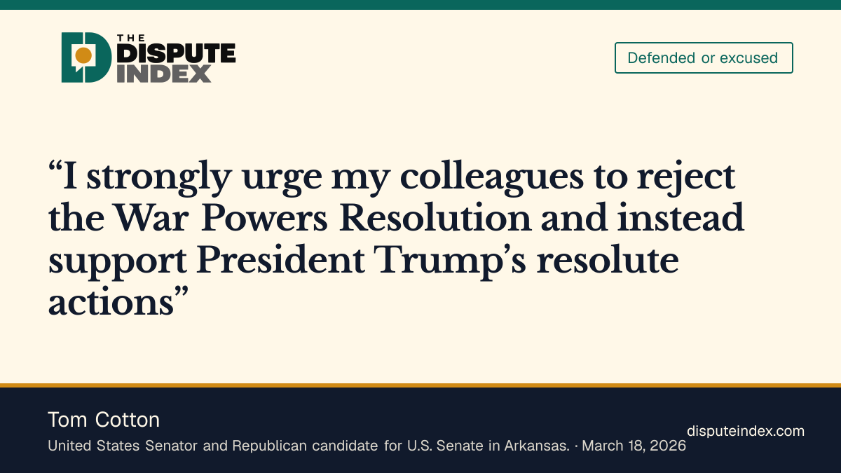 Quote card: Tom Cotton, Cotton defends continued military action against Iran