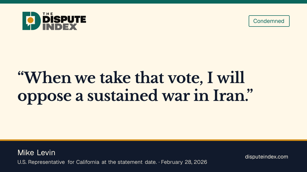 Quote card: Mike Levin, Levin explicitly opposes a sustained Iran war