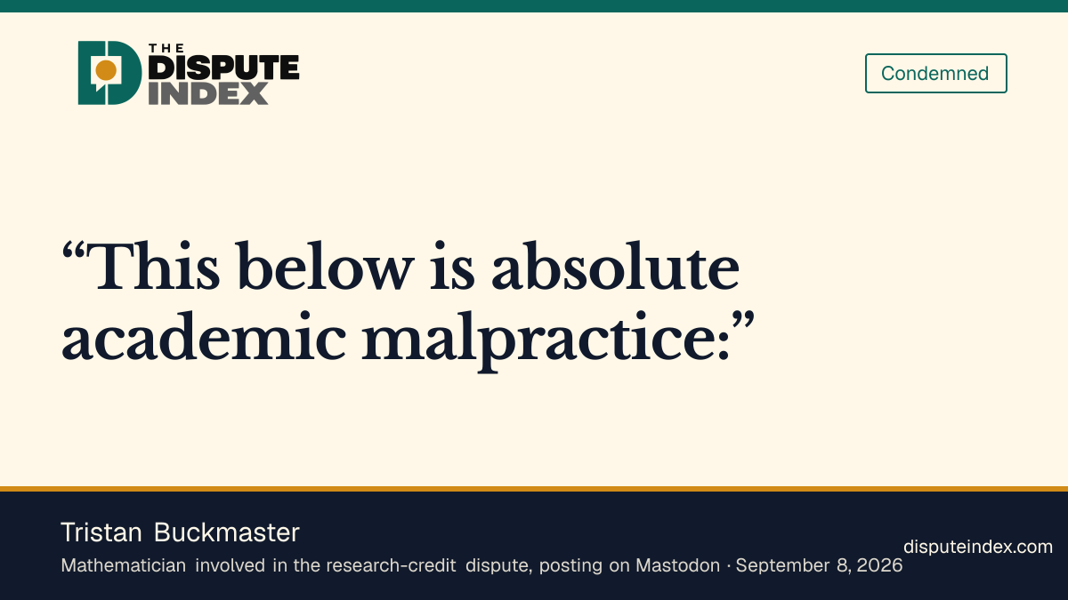 Quote card: Tristan Buckmaster, Tristan Buckmaster calls OpenAI's math credit claims academic malpractice