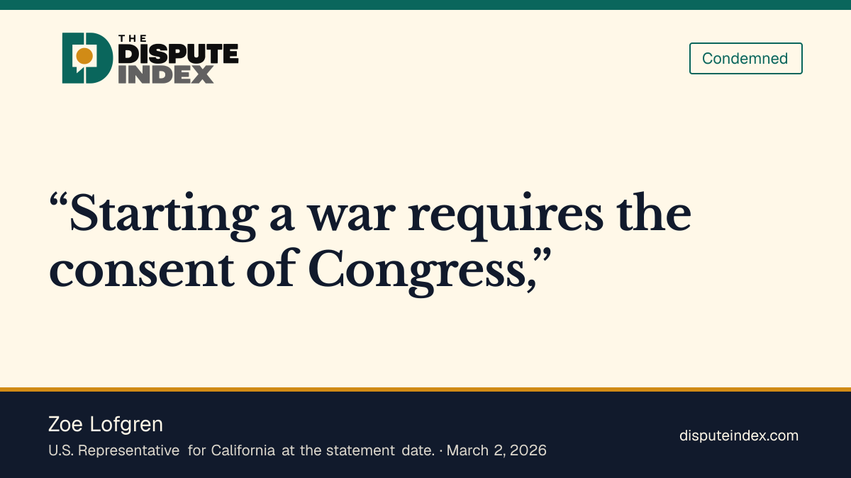 Quote card: Zoe Lofgren, Lofgren criticizes the failure to justify the Iran war