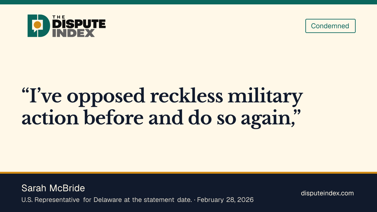Quote card: Sarah McBride, McBride opposes the Iran strikes and calls for a war-powers vote