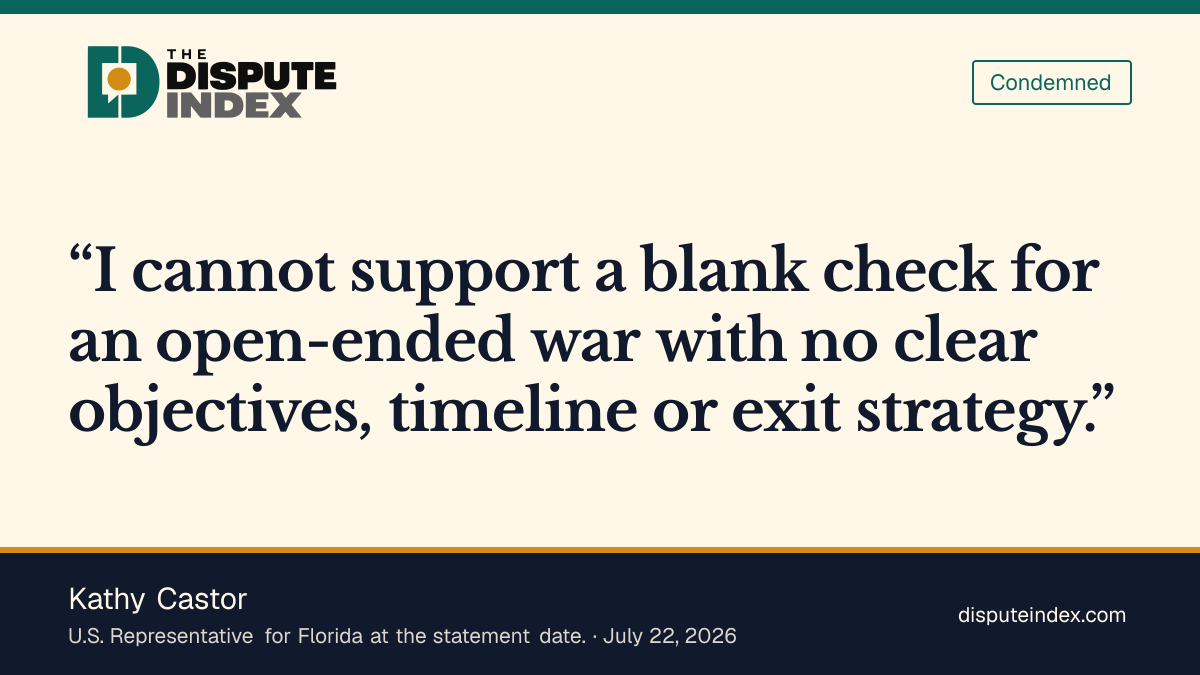 Quote card: Kathy Castor, Castor opposes open-ended funding for the Iran war