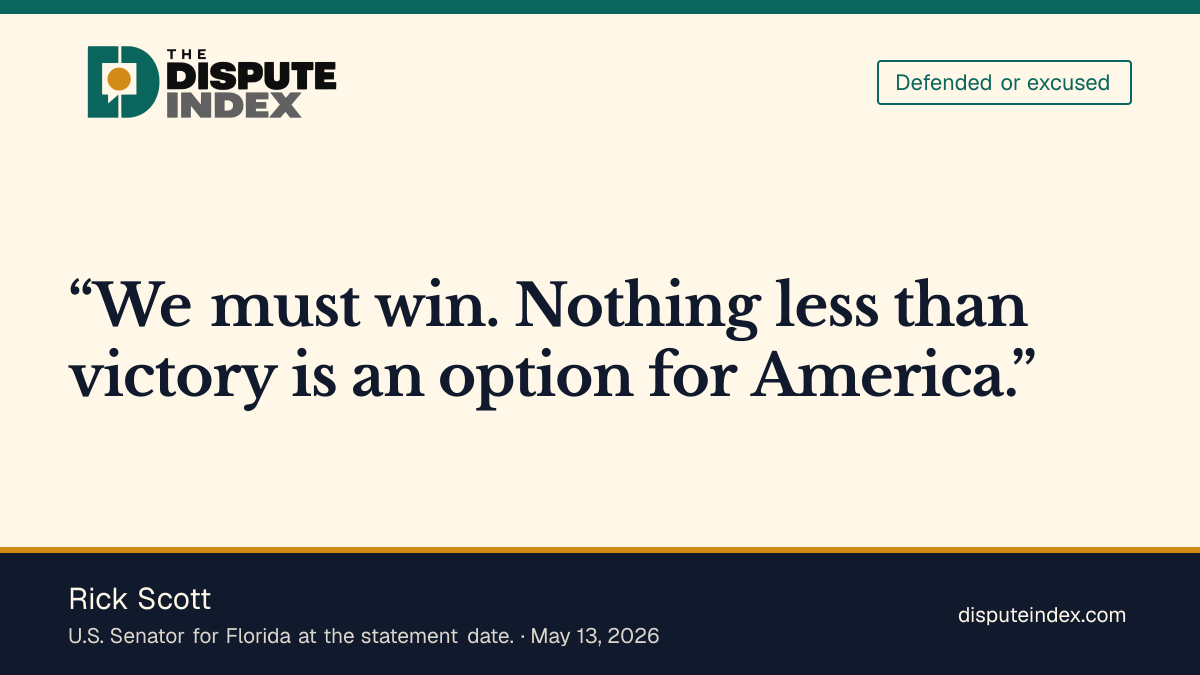 Quote card: Rick Scott, Scott calls for continuing the Iran campaign until victory