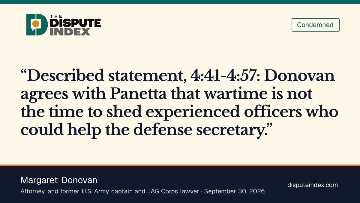 Quote card: Margaret Donovan, Donovan opposes discarding experienced officers during war
