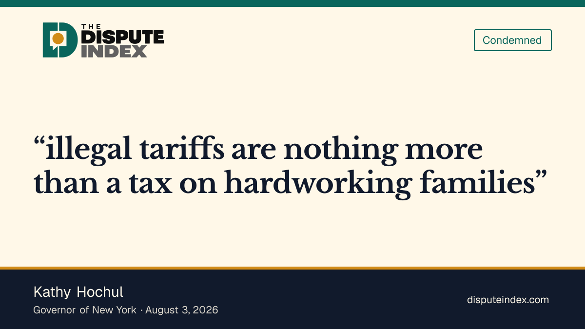 Quote card: Kathy Hochul, Hochul calls Trump's tariffs a tax on families and joins the challenge