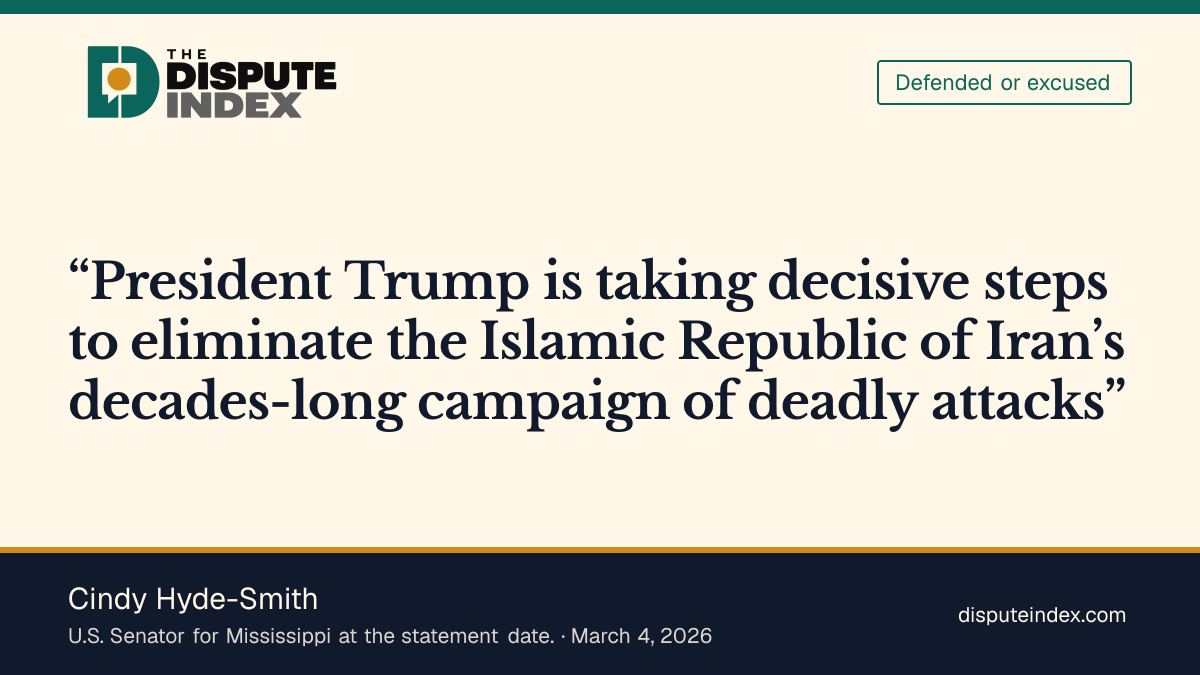 Quote card: Cindy Hyde-Smith, Hyde-Smith defends continued Operation Epic Fury and argues that restraining it would threaten Americans, troops and alliances.