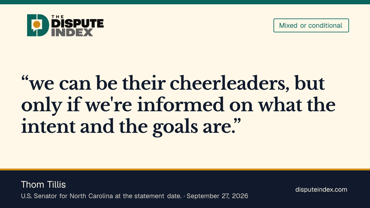Quote card: Thom Tillis, Tillis supports confronting Iran but requires congressional engagement and clear goals to sustain support; he criticizes the administration’s failure to provide them.