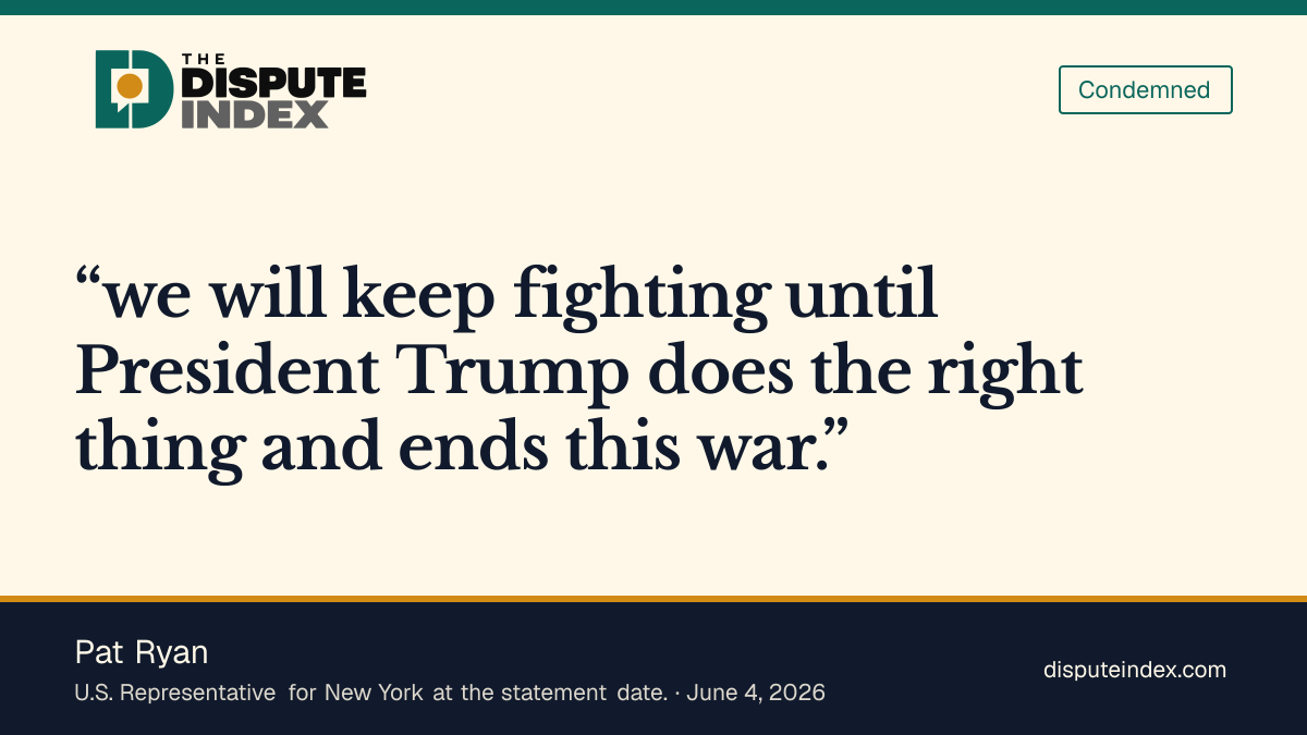 Quote card: Pat Ryan, Ryan demands an end to the Iran war and condemns it as illegal and reckless.
