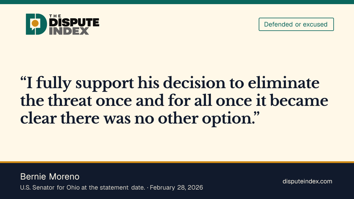 Quote card: Bernie Moreno, Bernie Moreno on the Iran war