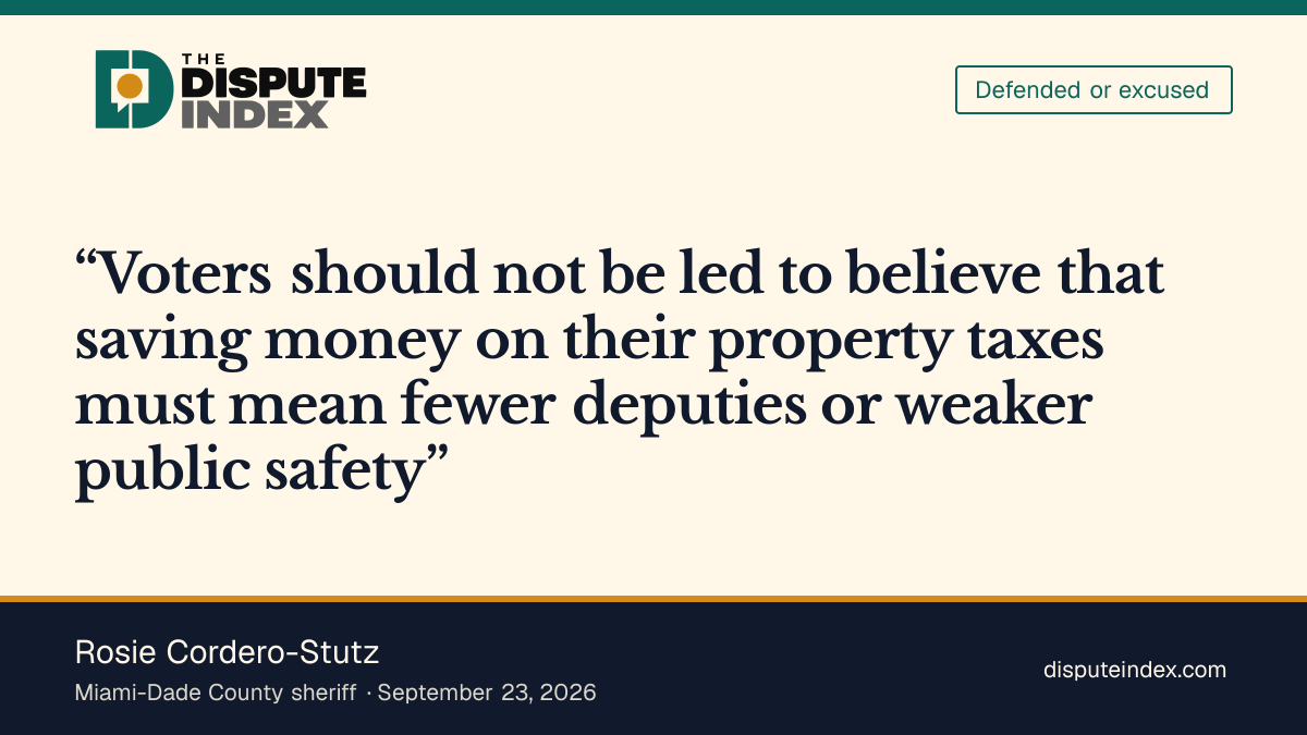 Quote card: Rosie Cordero-Stutz, Rosie Cordero-Stutz supported Amendment 3 and rejected the argument that lower property taxes must mean fewer deputies or weaker public safety