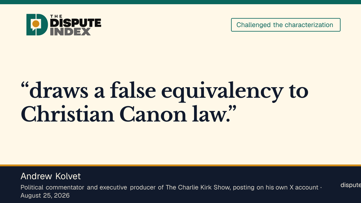 Quote card: Andrew Kolvet, Andrew Kolvet disputes El-Sayed's sharia law and Christian canon analogy