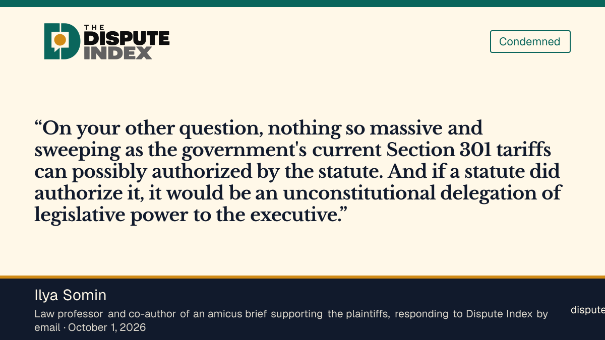 Quote card: Ilya Somin, Professor Somin says HMTX supports the challenge to the Section 301 tariffs