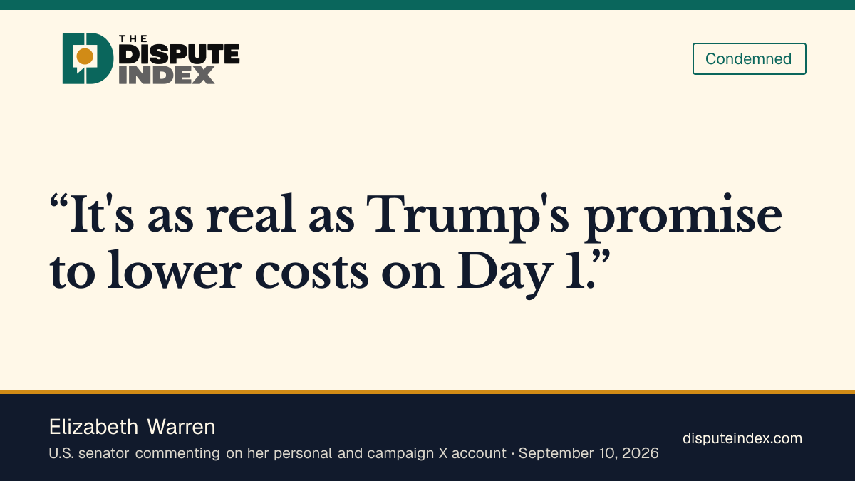 Quote card: Elizabeth Warren, Elizabeth Warren questions the credibility of Trump's $5,000 election pledge