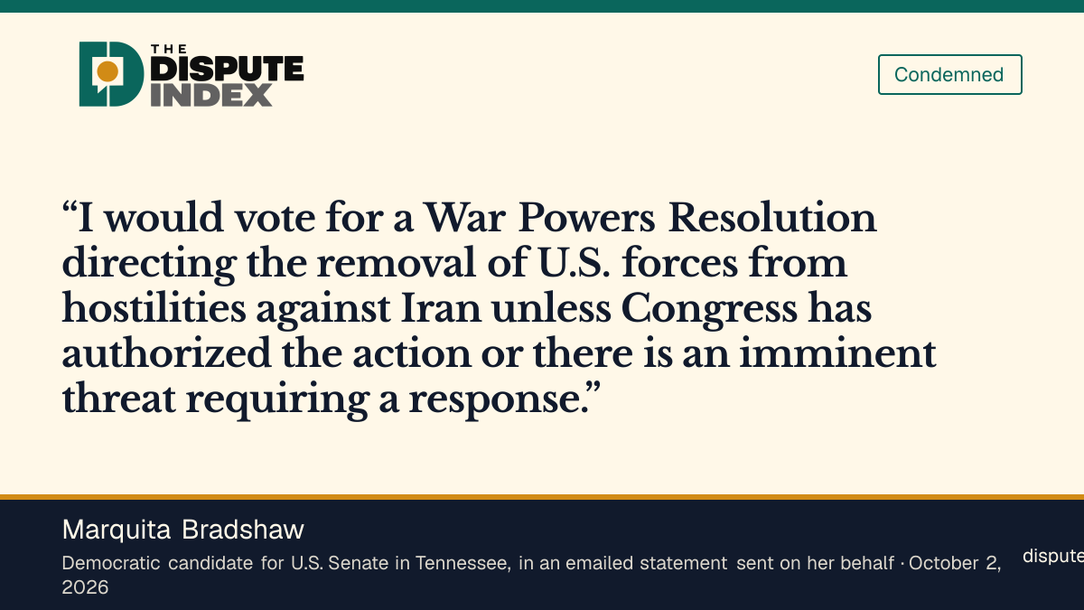 Quote card: Marquita Bradshaw, Marquita Bradshaw says she would vote for a war powers resolution to remove U.S. forces from hostilities against Iran