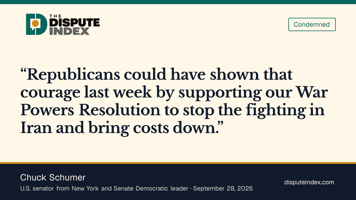 Quote card: Chuck Schumer, Chuck Schumer criticizes the Iran war in September 28 Senate remarks