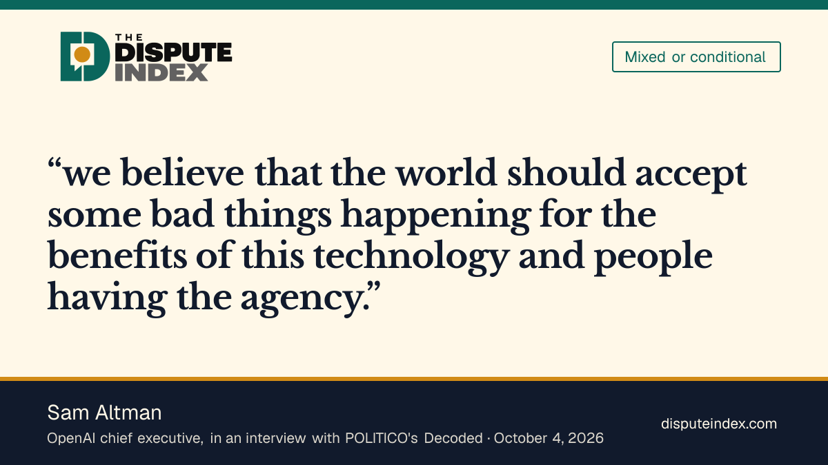 Quote card: Sam Altman, Sam Altman says the world should accept some bad things happening for AI's benefits