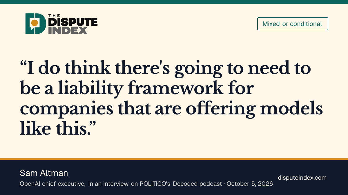 Quote card: Sam Altman, Sam Altman says AI companies will need a liability framework but he can't speak to current law