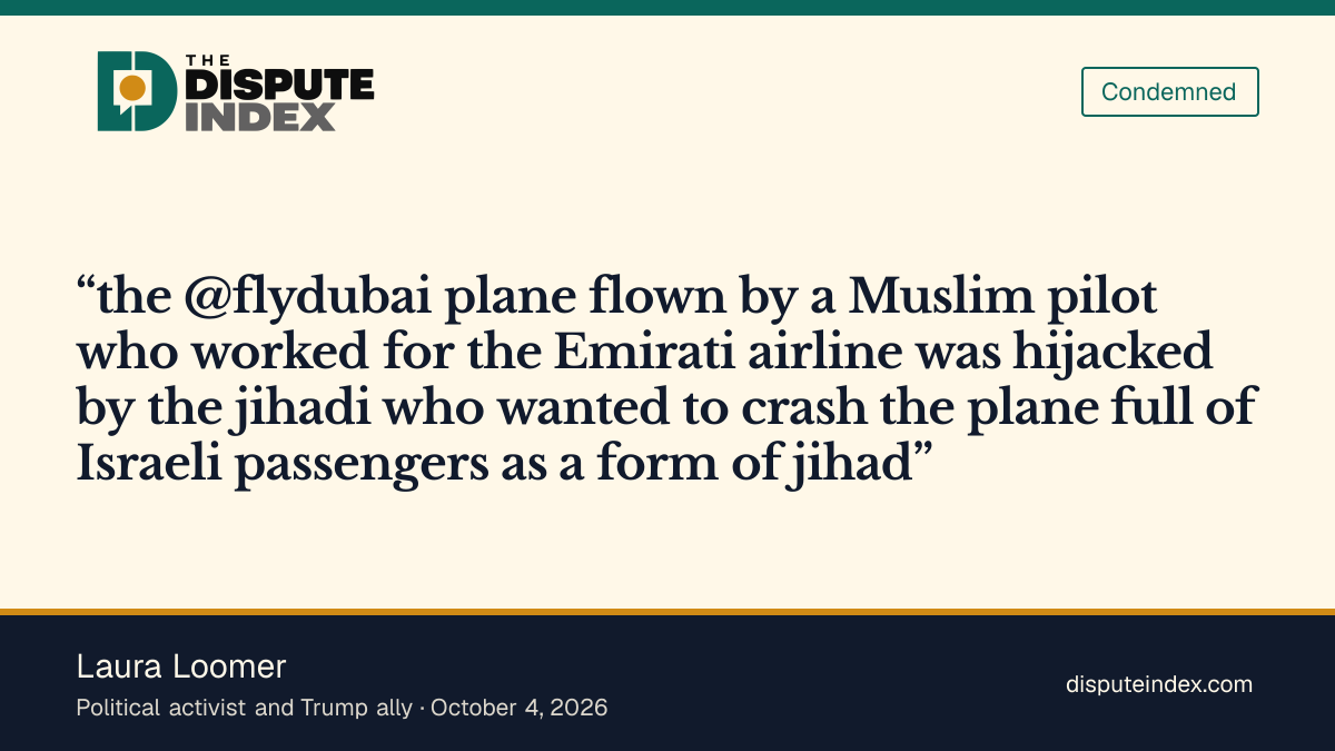 Quote card: Laura Loomer, Laura Loomer says the FZ1073 hijacker wanted to crash the plane and asks why Tucker Carlson was in the UAE that day