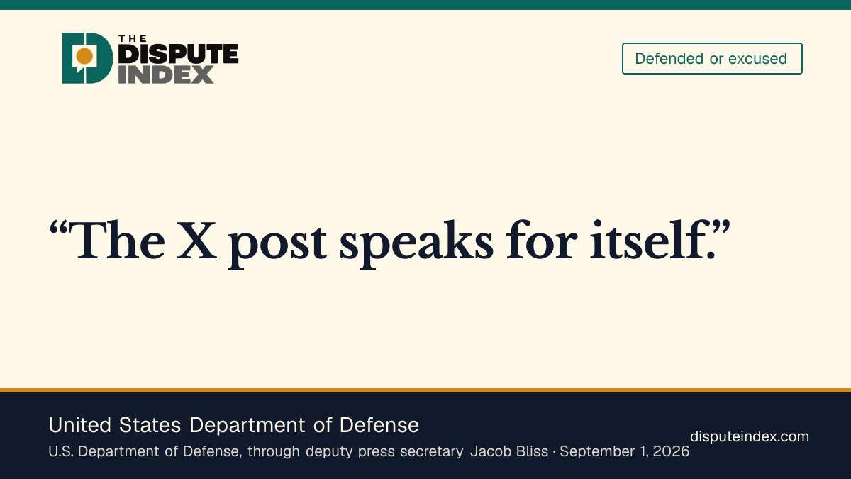 Quote card: United States Department of Defense, The Pentagon stands by Hegseth's cadet post, saying it speaks for itself