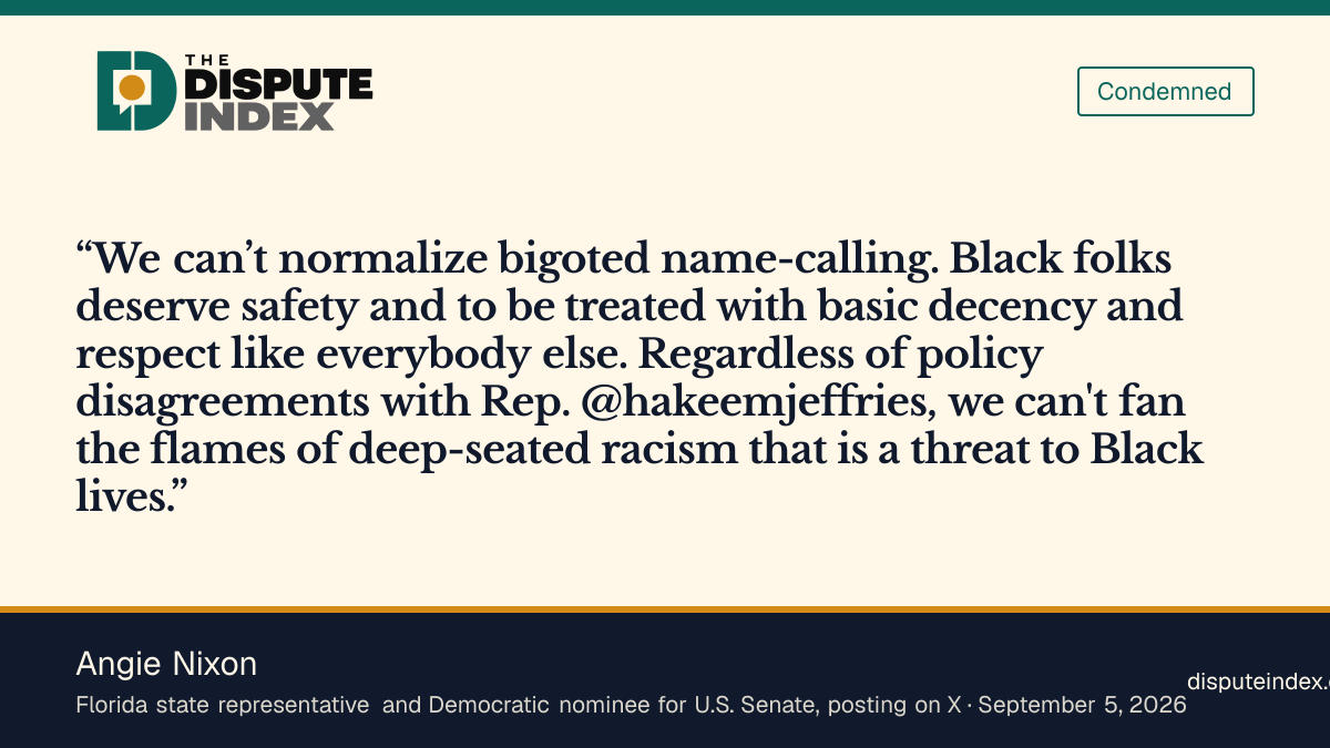 Quote card: Angie Nixon, Angie Nixon calls the name-calling aimed at Jeffries bigoted