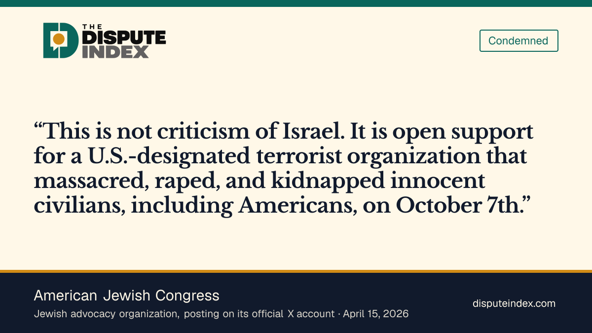 Quote card: American Jewish Congress, American Jewish Congress calls Piker's comparison open support for Hamas