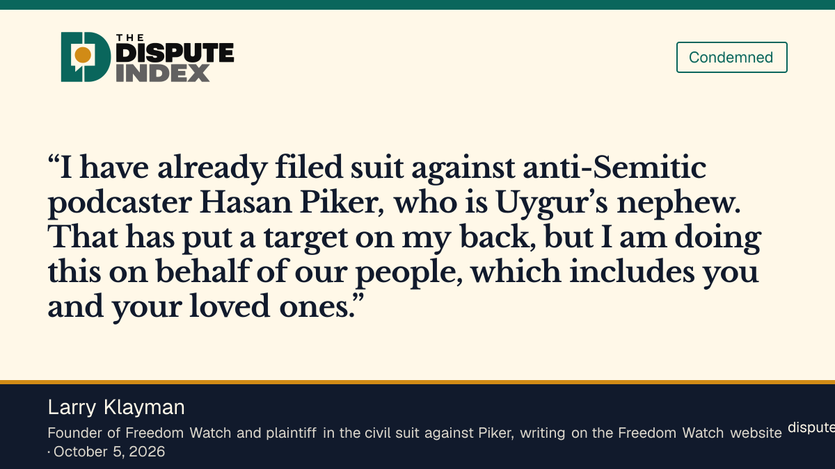 Quote card: Larry Klayman, Klayman says his Piker suit put a target on his back and names The Young Turks hosts as next