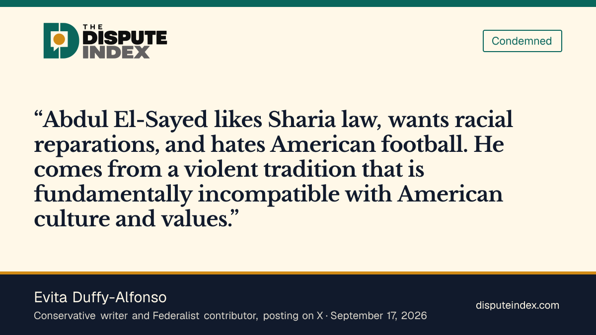 Quote card: Evita Duffy-Alfonso, Evita Duffy-Alfonso says El-Sayed "likes Sharia law"