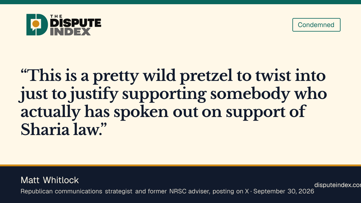 Quote card: Matt Whitlock, Matt Whitlock says El-Sayed "has spoken out on support of Sharia law"