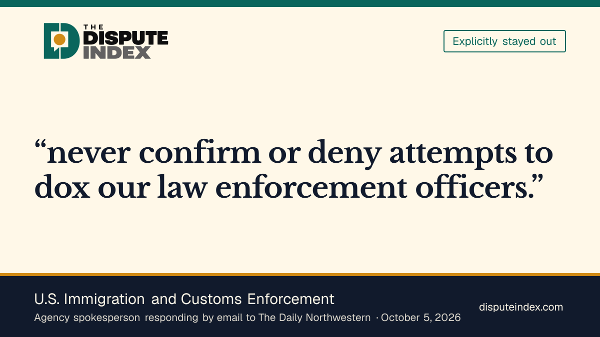 Quote card: U.S. Immigration and Customs Enforcement, ICE declines to confirm Rivas' identity to The Daily Northwestern
