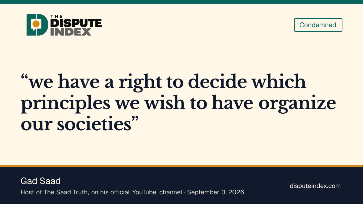 Quote card: Gad Saad, Gad believes that Sharia law should be banned and is no compatible with American ideals