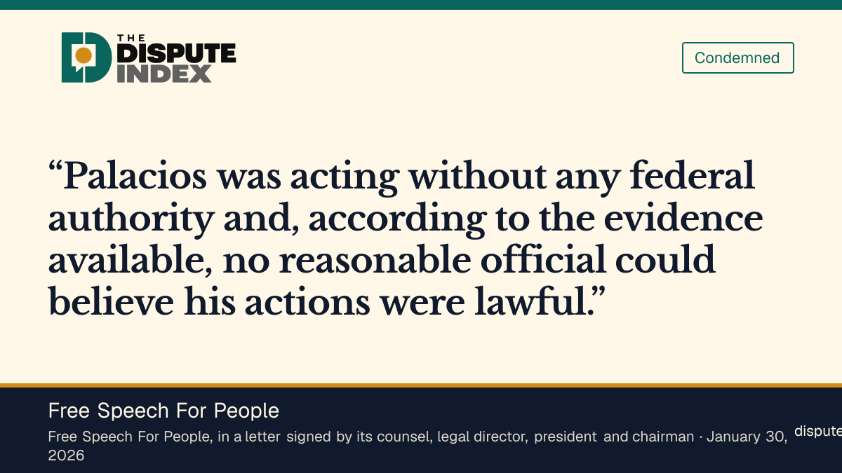 Quote card: Free Speech For People, Free Speech For People seeks a criminal investigation of the Porter shooting